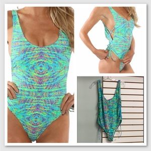 Island Love Ruched side tide Size XL 1-pc Blue/green cheeky adjustable high Legs